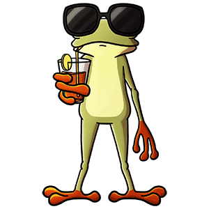 FrogQuest Mascot Enjoying a Beverage